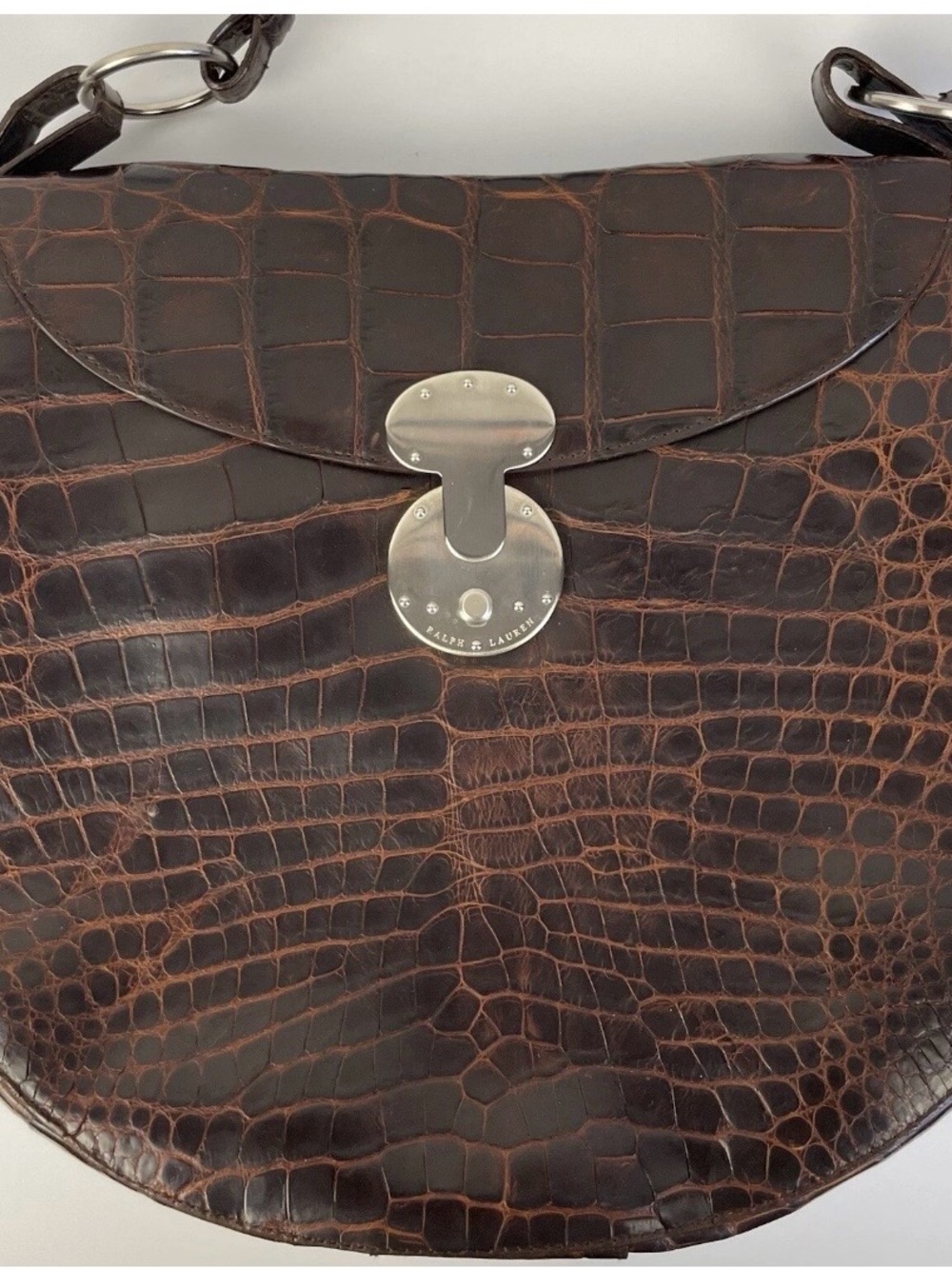 Ralph Lauren Dark Brown Croc-Embossed Leather Messenger Bag with Silver Hardware